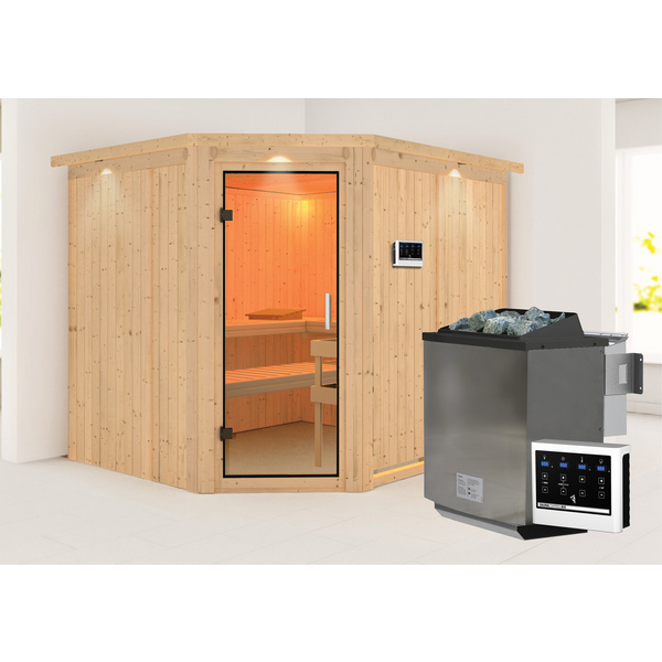 Systemsauna Malin mit Klarglastür und Kranz SET Ofen 9kW Bio externe Strg easy 2450x2100x2020mm