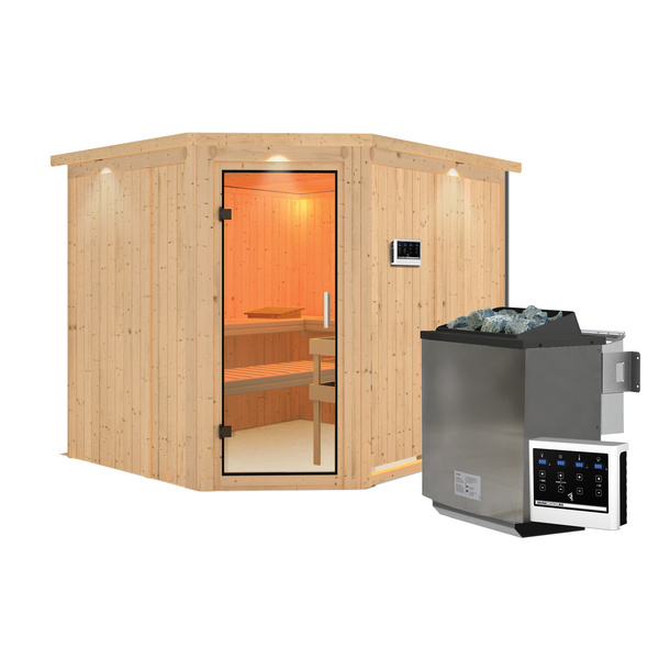 Systemsauna Malin mit Klarglastür und Kranz SET Ofen 9kW Bio externe Strg easy 2450x2100x2020mm