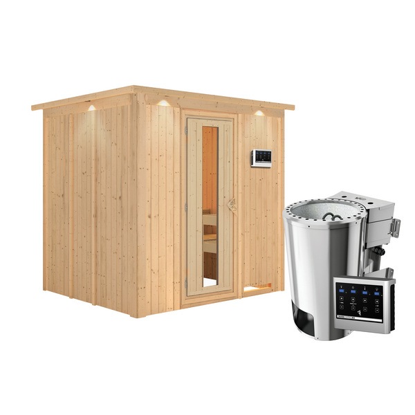 Systemsauna Daria mit Energiespartür und Kranz SET Ofen 3,6kW Bio-Ofen externe Strg. Easy 2100x1840x2020mm