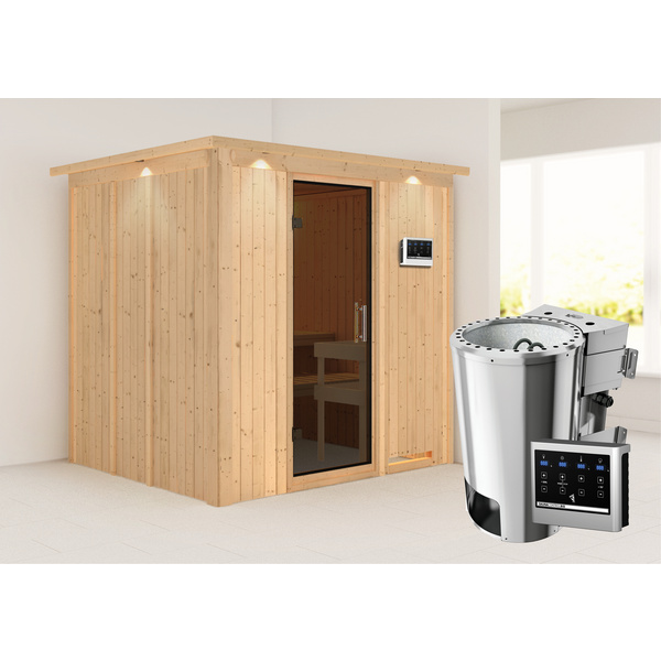 Systemsauna Daria mit Tür graphit und Kranz SET Ofen 3,6kW Bio-Ofen externe Strg. Easy 2100x1840x2020mm