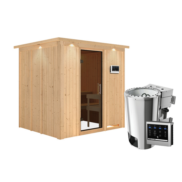 Systemsauna Daria mit Tür graphit und Kranz SET Ofen 3,6kW Bio-Ofen externe Strg. Easy 2100x1840x2020mm