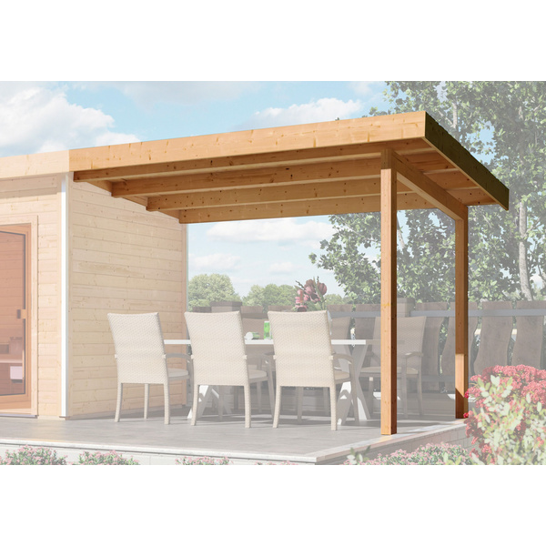 Anbaudach für 38mm Flachdach-Saunahäuser Skrollan 2 + 3, 3,30m Breit naturbelassen 2215x3000x2270mm