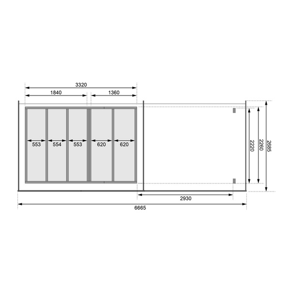 Anbaudach für 38mm Flachdach-Saunahäuser Skrollan 2 + 3, 3,30m Breit naturbelassen 2215x3000x2270mm