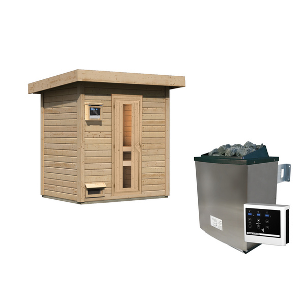 Saunahaus Hytti 1 SET naturbelassen mit Ofen 9kW ext. Strg. 1460x1960x2280mm