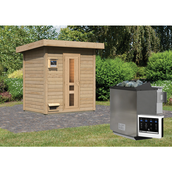 Saunahaus Hytti 1 SET naturbelassen mit Ofen 9kW Bio ext. Strg. 1460x1960x2280mm