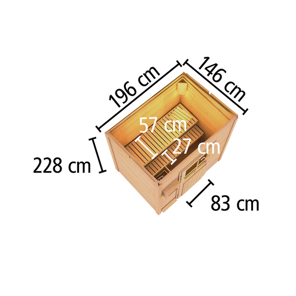 Saunahaus Hytti 1 SET naturbelassen mit Ofen 9kW Bio ext. Strg. 1460x1960x2280mm