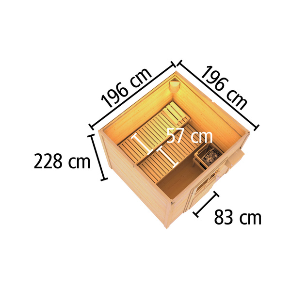Saunahaus Hytti 2 SET naturbelassen mit Ofen 9kW Bio ext. Strg. 1960x1960x2280mm