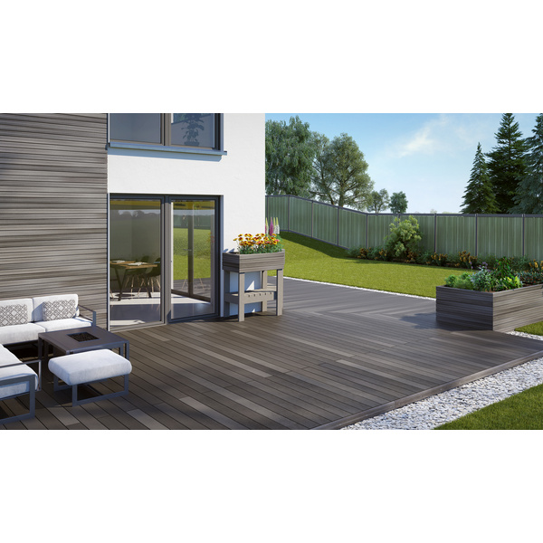Terrassendiele GCC massiv fokus grau einseitig individuell strukturiert, längsseitige Nut, RELIEF R24 - 16 x 145 mm