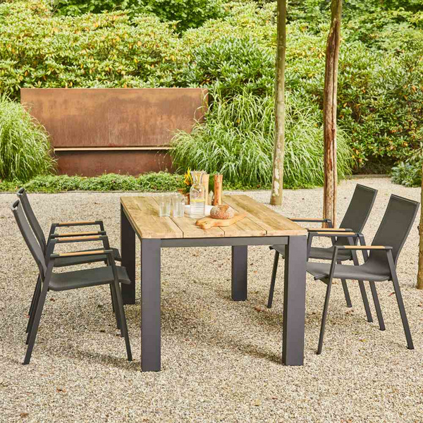 Rondo Stapelsessel Alu, matt-anthrazit, Armlehneninlay Teak