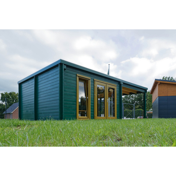 Blockhaus H45-3949+320FS-2DT-3EF Skand. Fichte Flachdach, Stärke: 45mm, 495x395+320cm