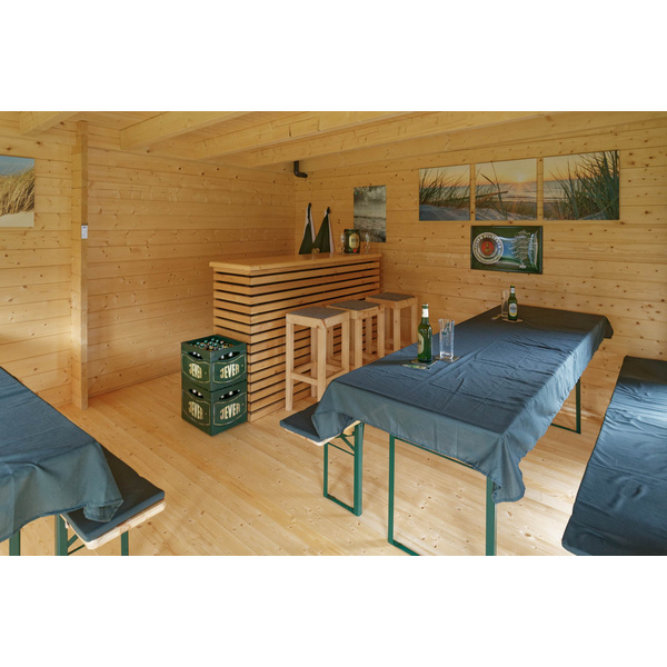 Blockhaus H45-3949+320FS-2DT-3EF Skand. Fichte Flachdach, Stärke: 45mm, 495x395+320cm