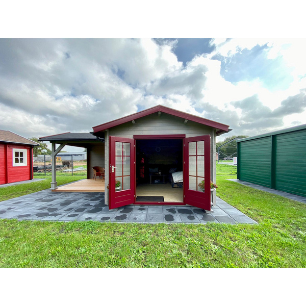 Blockhaus H28-3046+300FS-DT-ET-EF Skand. Fichte Satteldach, Stärke: 28mm, 300x460+300x300cm