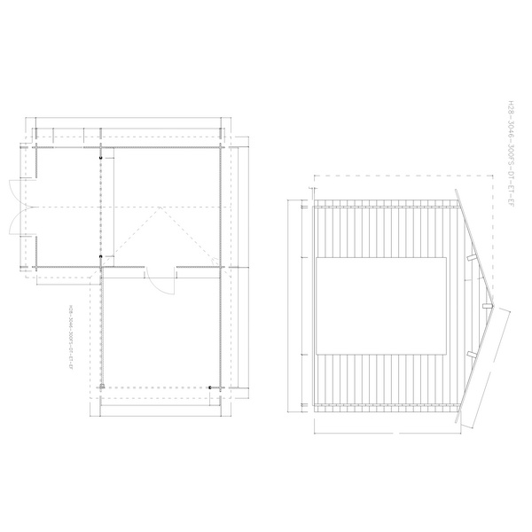 Blockhaus H28-3046+300FS-DT-ET-EF Skand. Fichte Satteldach, Stärke: 28mm, 300x460+300x300cm