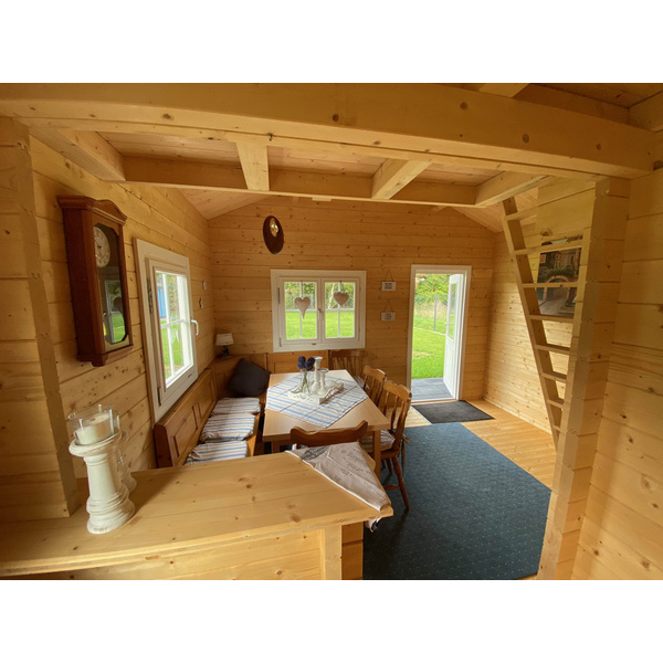 Blockhaus mit Schlafboden H45PLUS-3842-2ET-DF-EF Skand. Fichte Satteldach, Stärke: 45mm, 380x420cm