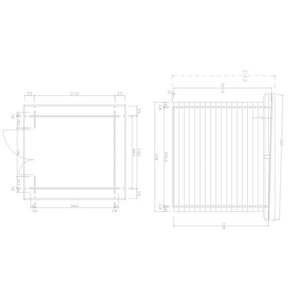 Blockhaus TS-H28-2119F Skand. Fichte Flachdach, Stärke: 28mm, 210x190cm
