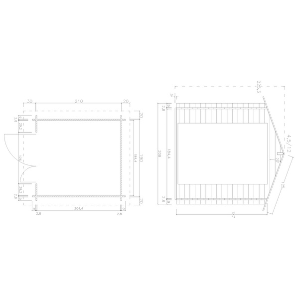 Blockhaus TS-H28-1921 Skand. Fichte Satteldach, Stärke: 28mm, 190x210cm