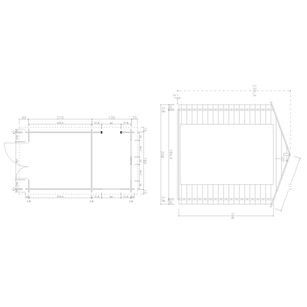 Blockhaus inkl. Holzlege TS-H28-1934 Skand. Fichte Satteldach, Stärke: 28mm, 190x340cm