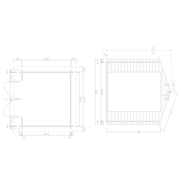 Blockhaus TS-H28-2119-DT Skand. Fichte Satteldach, Stärke: 28mm, 210x190cm