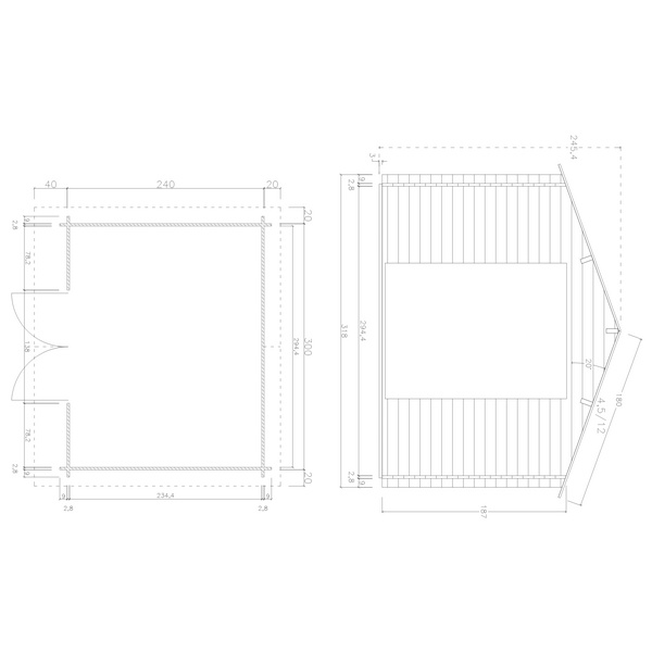 Blockhaus TS-H28-3024-DT Skand. Fichte Satteldach, Stärke: 28mm, 300x240cm