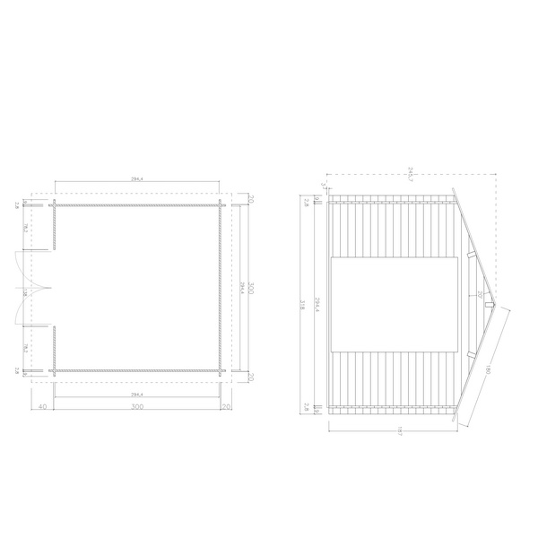 Blockhaus TS-H28-3030-DT Skand. Fichte Satteldach, Stärke: 28mm, 300x300cm