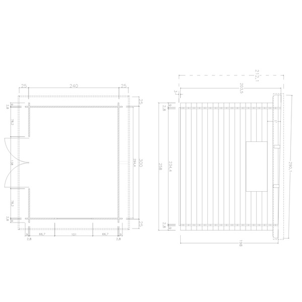 Blockhaus TS-H28-3024F-DT Skand. Fichte Flachdach, Stärke: 28mm, 300x240cm