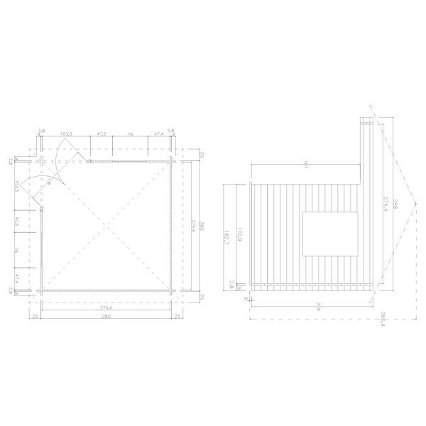 Blockhaus 5-Eck TS-H28-2828-5P-DT Skand. Fichte Zeltdach, Stärke: 28mm, 280x280cm