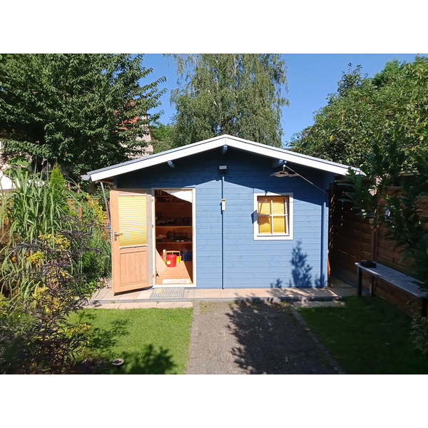 Blockhaus H28-3842-2ET-EF Skand. Fichte Satteldach, Stärke: 28mm, 380x420cm