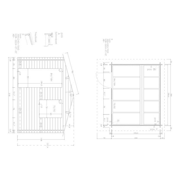 Blockhaus H28-3024-ET-EF Skand. Fichte Satteldach, Stärke: 28mm, 300x240cm