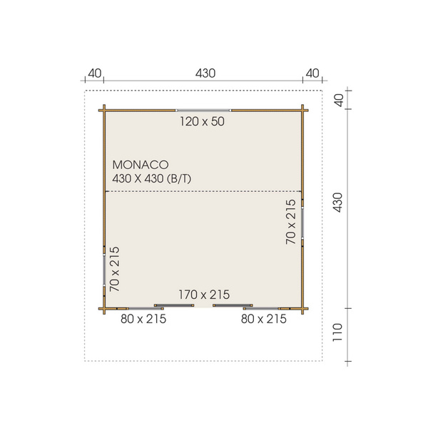Blockhaus Monaco Skand. Fichte Pultdach, Stärke: 45mm, 450x450cm
