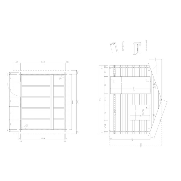 Blockhaus TS-H28-3024-ET-EF Skand. Fichte Satteldach, Stärke: 28mm, 300x240cm