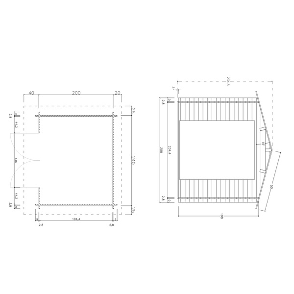 Blockhaus H28-2420-DT Skand. Fichte Satteldach, Stärke: 28mm, 240x200cm