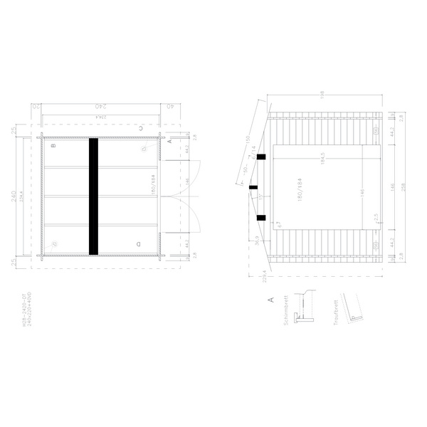 Blockhaus H28-2424-DT Skand. Fichte Satteldach, Stärke: 28mm, 240x240cm