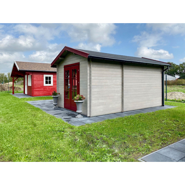 Blockhaus H45-3046+300FS-DT-EF Skand. Fichte Satteldach, Stärke: 45mm, 300x460+300x300cm