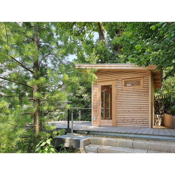 Gartenhaus Cara Yoga 2536 P+70 VD Skand. Fichte / Thermoholz Pultdach, Stärke: 25mm, 360x250cm