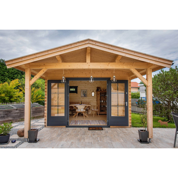 Blockhaus Tiroler Schloß Steiermark Skand. Fichte Satteldach, Stärke: 70mm, 380x380cm