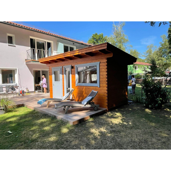 Sauna Blockhaus Tiroler Schloß Grünwald Skand. Fichte Pultdach, Stärke: 58mm, 467x212cm