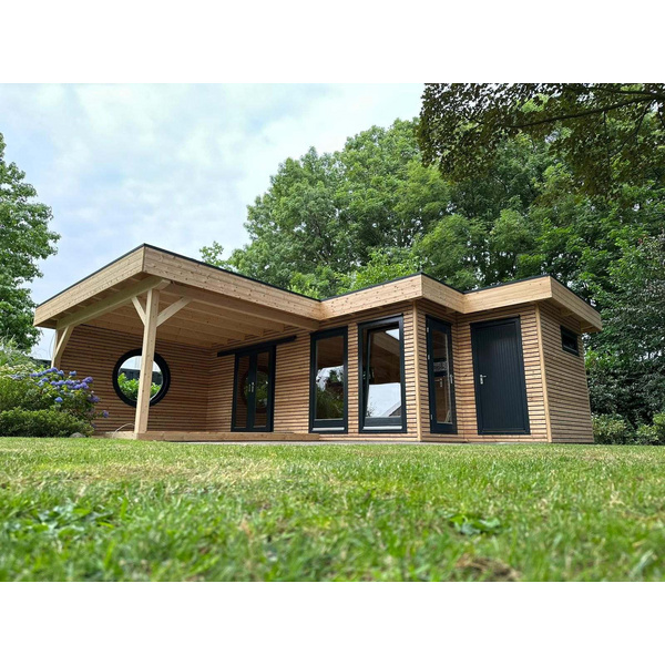Gartenhaus Cara Fiesta 7839 F+355 AN Skand. Fichte / Thermoholz Flachdach, Stärke: 25mm, 390x635cm