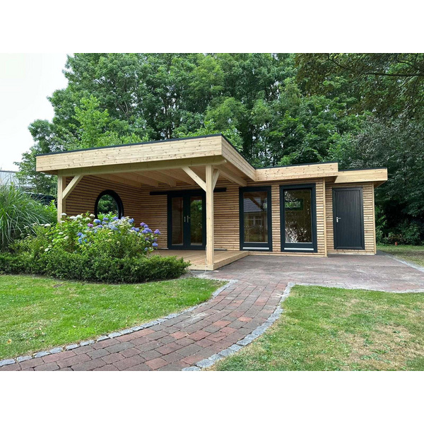 Gartenhaus Cara Fiesta 7839 F+355 AN Skand. Fichte / Thermoholz Flachdach, Stärke: 25mm, 390x635cm