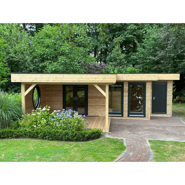 Gartenhaus Cara Fiesta 7839 F+355 AN Skand. Fichte / Thermoholz Flachdach, Stärke: 25mm, 390x635cm