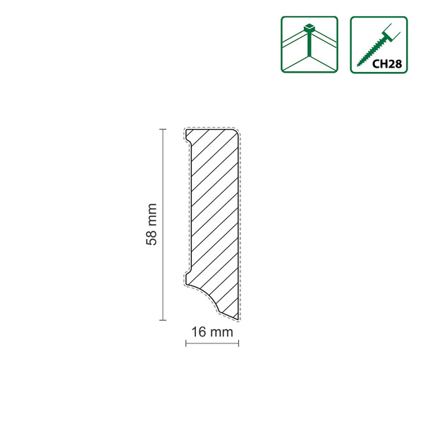 Sockelleiste eckig L0153OC KI 16x58mm Kiefer weiß beschichtet, 240cm