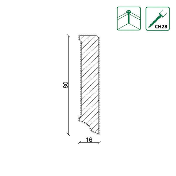 Sockelleiste eckig L0162OC KI 16x80mm Kiefer weiß beschichtet, 240cm