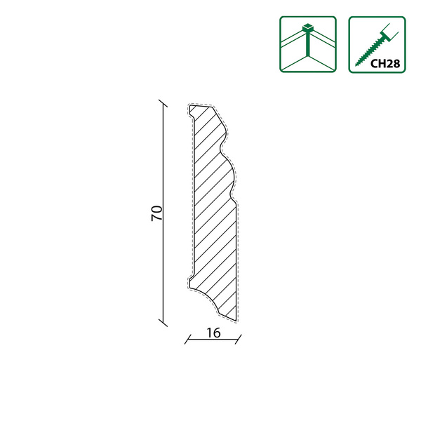 Sockelleiste profil L0137OC KI 16x70mm Kiefer weiß beschichtet, 240cm