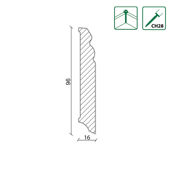 Sockelleiste profil L0138OC KI 16x96mm Kiefer weiß beschichtet, 240cm