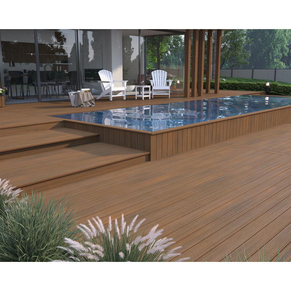 Terrassendiele WPC massiv Teak einseitig Holzstruktur, einseitig glatt, längsseitige Nut, UH02 - 23 x 138 mm