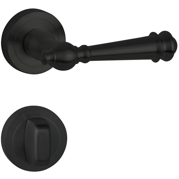 Drückergarnitur Rustico, Schwarz matt, Klipp-Rosette, fest/drehbar, mit Rückholfeder, WC