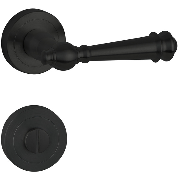 Drückergarnitur Rustico, Schwarz matt, Klipp-Rosette, fest/drehbar, mit Rückholfeder, WC