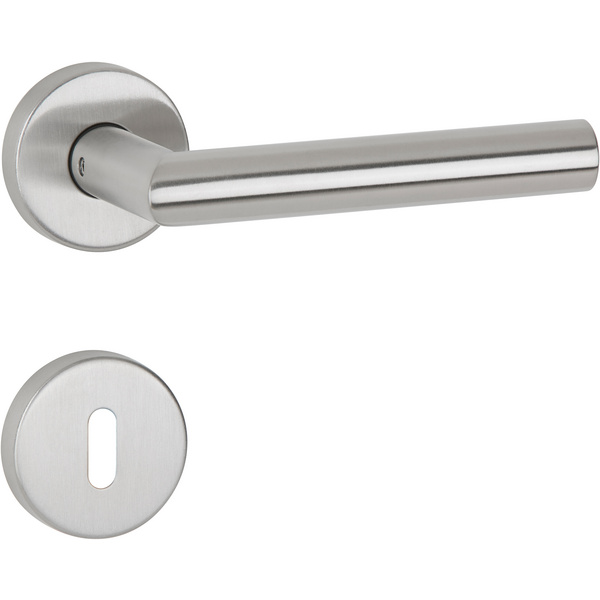 Drückergarnitur Volume, Edelstahl matt, Klipp-Rosette rund, mit Rückholfeder, BB