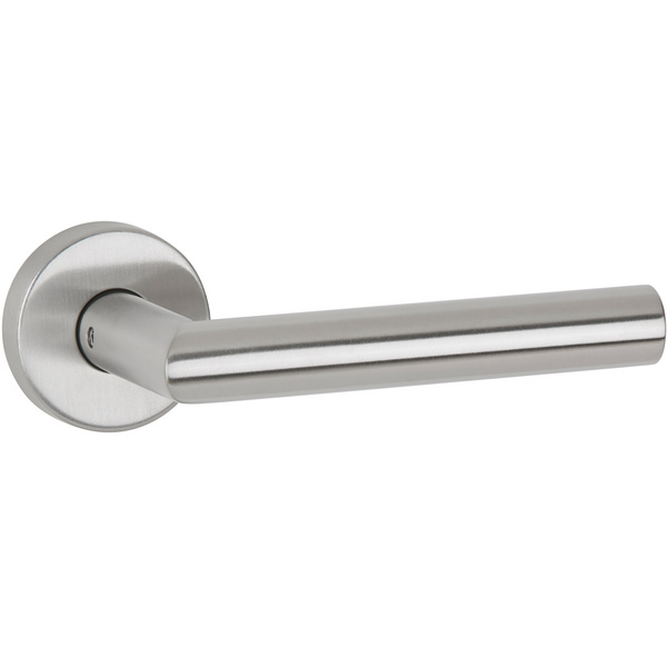 Drückerpaar Volume, Edelstahl matt, Klipp-Rosette rund, mit Rückholfeder, ohne Schlüsselrosette