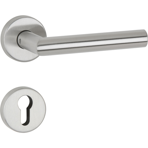 Drückergarnitur Volume, Edelstahl matt, Klipp-Rosette rund, mit Rückholfeder, PZ