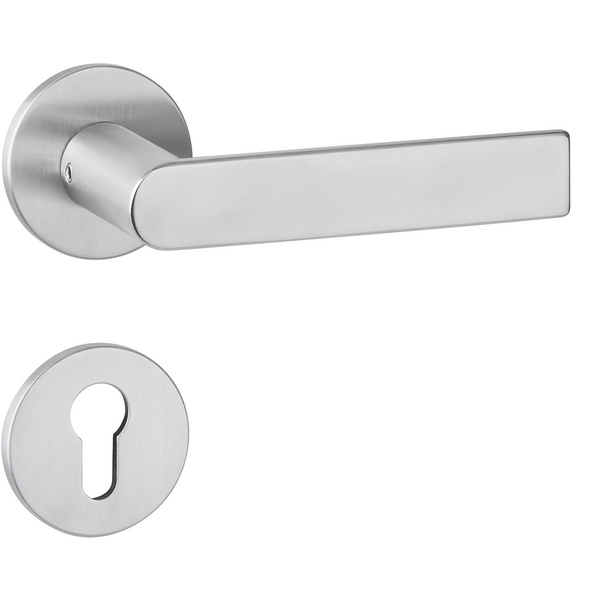 Drückergarnitur Orbio flach, Edelstahl matt, Klipp-Rosette 5mm mit Rückholfeder, Klasse 3, PZ